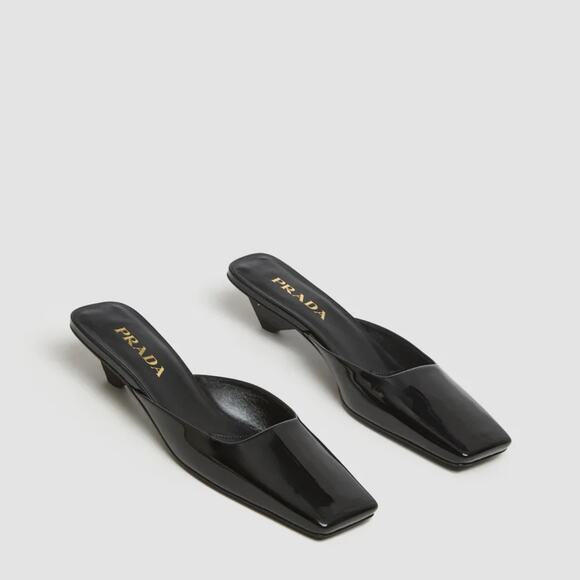 NWT Prada Slip-on Mules Black Patent Leather Square Toe Triangular Kitten Heels - Picture 2 of 8